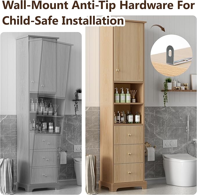 Tall Freestanding Storage Cabinet with One Door & 3 Drawers, Multi-Purpose Organizer with Open Storage and Adjustable Shelf for Bathroom, Office, Living Room, Wood