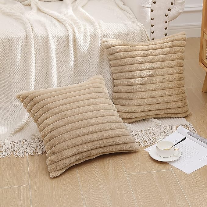 Pallene Faux Fur Plush Throw Pillow Covers 18x18 Set of 2, Luxury Soft Fluffy Striped Decorative Pillow Covers for Sofa, Couch, Living Room, Khaki