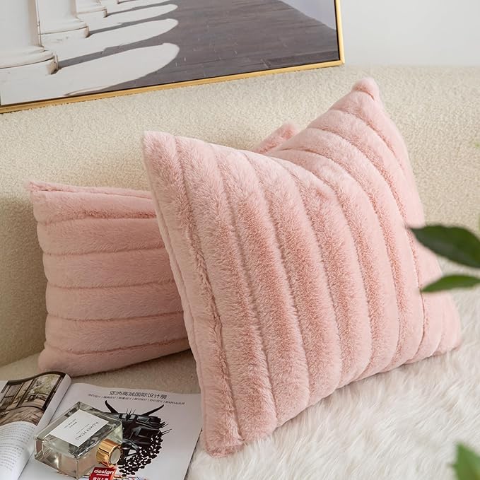 Pack of 2 Faux Fur Throw Pillow Covers 24x24 Inch Striped Decorative Soft Plush Couch Pillow Case Home Decor for Bed, Sofa, Living Room Pink
