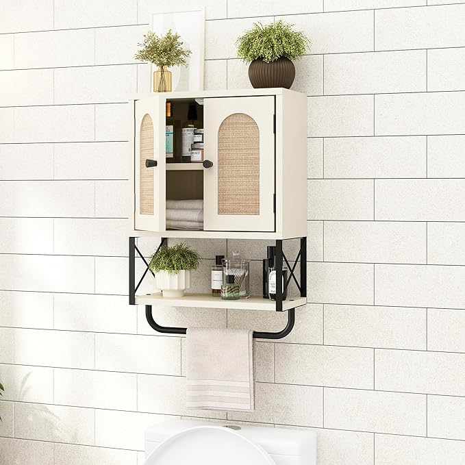 RUSTOWN Rattan Bathroom Wall Cabinet, Boho Over The Toilet Storage Cabinet with Arched Rattan Doors, Modern Medicine Cabinet with Adjustable Shelves & Towel Bar(Vintage White,Small)