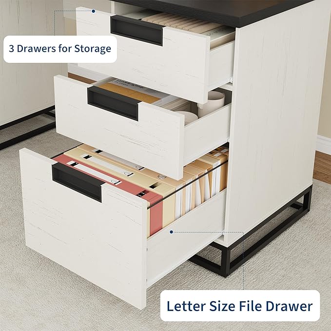 IDEALHOUSE Farmhouse Executive Desk, 59" Computer Desk, White Home Office Desks with File Drawer and Storage Cabinet, Wood Writing Desks for Home Office, Bedroom, White+Black