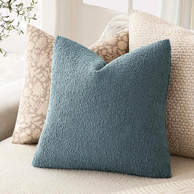 Foindtower Set of 2, Decorative Textured Boucle Throw Pillow Covers Accent Solid Pillow Cases Neutral Cozy Couch Cushion Case for Chair Sofa Bedroom Living Room Home Decor 24x24 Inch Misty Blue