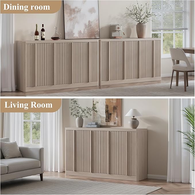 Fluted Buffet Cabinet with Storage, 120" Sideboard Buffet Cabinet with 8 Door-Modern Credenza Storage Cabinets with Adjustable Shelves, Solid Wood Handles for Kitchen, Living Room, White Alder(2PC)