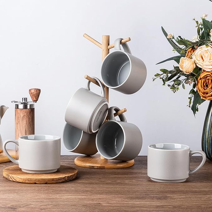 GBHOME 14 OZ Coffee Mugs Set of 6, Stackable Ceramic Mugs for Men, Women, Modern Coffee Mugs With Stable Base for Latte, Tea, Cappuccino. Dishwasher & Microwave Safe, Matte Gray