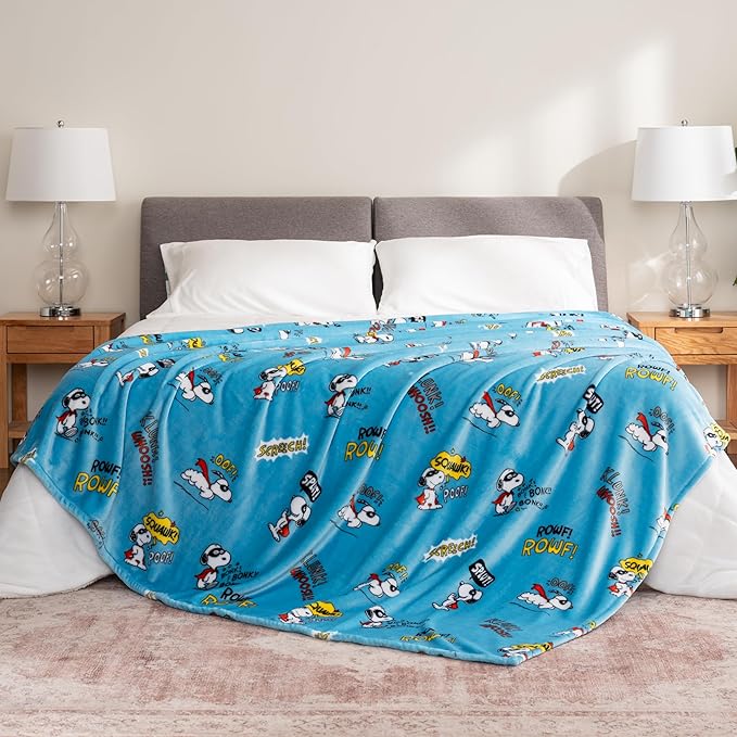Berkshire Blanket Peanuts® VelvetLoft® Cute Character Snoopy Plush Blanket,Peanuts Large Masked Marvel Toss Happy Blue,Full/Queen 90 in x 90 in (Official Peanuts® Product)