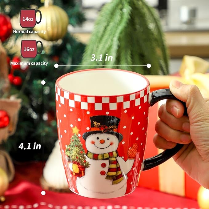 HASENSE Christmas Coffee Mugs Set of 6,15oz Ceramic Mug Gift, Matching Xmas Holiday Cups with Handles for Hot Cocoa,Coffee,Christmas Gifts for Women,Family, Friends