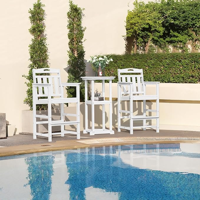 HDPE Outdoor Patio Tall Bar Chair, All-Weather Bar Height Balcony Adirondack Stools for Bistro, Garden, Backyard, Deck | White