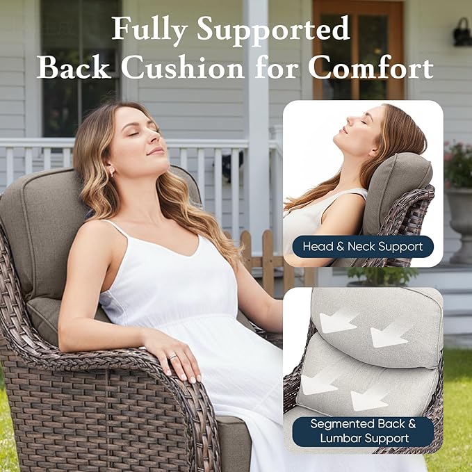 Belord Luxury 6" Thick Cushioned 5 Pieces Patio Furniture Set with Fire Pit Table, Wicker Outdoor Conversation Set with High Back Swivel Rocker Chairs for Deck Porch Yard and Poolside - Brown+Grey