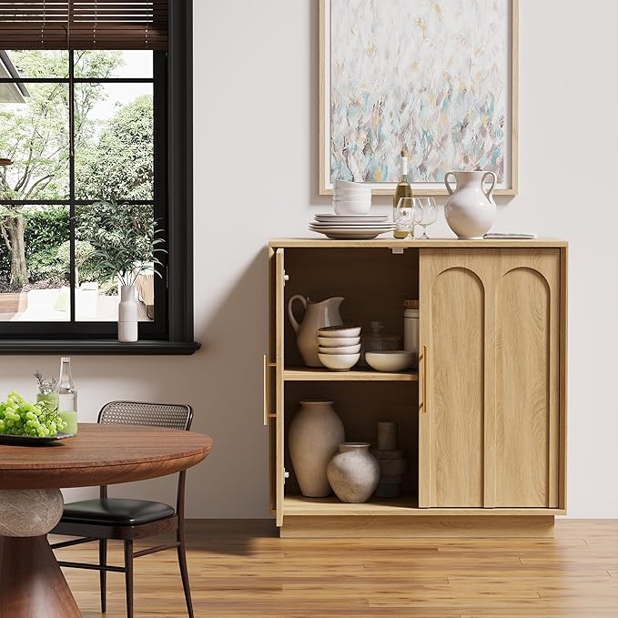 Sideboard Buffet Cabinet with Storage, Modern Accent Cabinet with Arched Doors, Boho Modular Media Console, 31.5" Minimalist Credenza for Living Room Kitchen Dining Room Entryway, Oak
