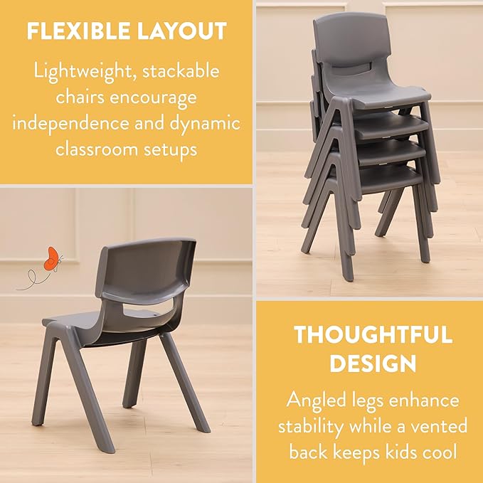 Stackable School Chairs, 14", Kids Furniture, Grey, 4-Pack