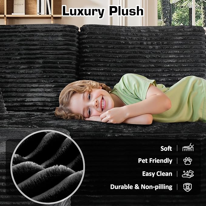 106" Cloud Sectional Couch with L-Shape Chaise & Ottoman, No Assembly Modular Sofa, Deep Seat Plush Corduroy Boneless Couched for Living Room (Black Plush Corduroy, Right Facing Chaise with Ottoman)