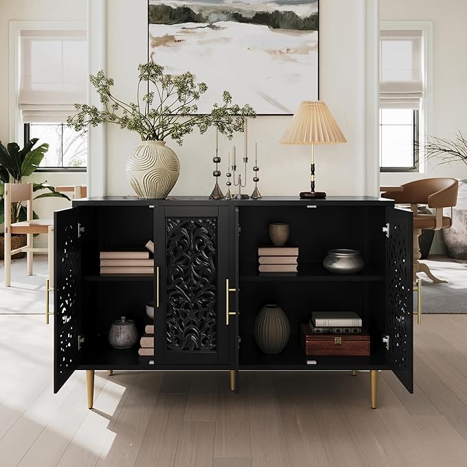ARTPOWER 47.8" Accent Cabinet with 4 Doors, Vintage Hollow Carving Buffet Cabinet, Sideboards and Buffets with Storage, Credenza for Living Room, Kitchen, Dining Room, Entryway, Hallway, Black