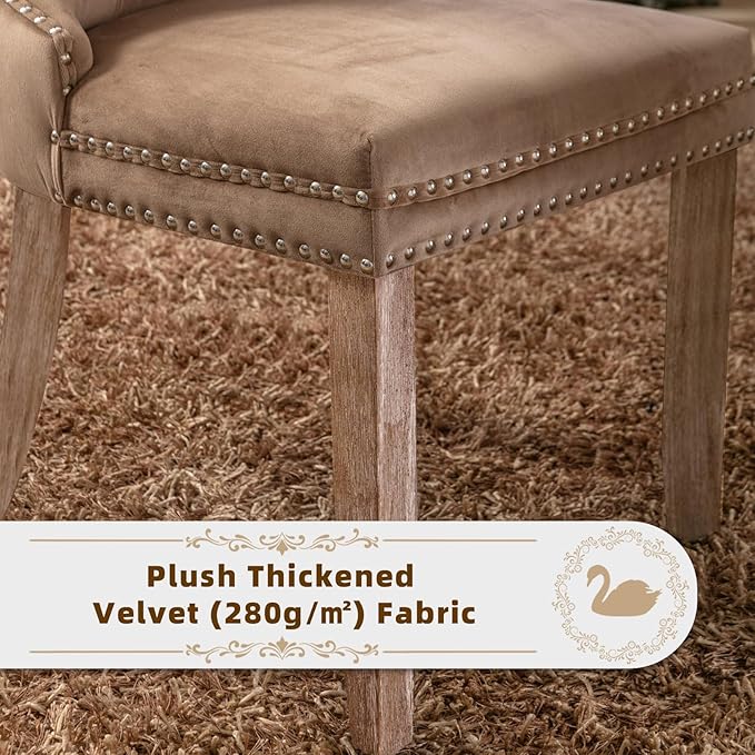 Velvet Upholstered Dining Chairs Set of 6, Modern Style Kitchen Side Chairs with Nailhead Trim and Wood Legs,Metal Pulling Ring for Dining Room Living Room(Khaki,Set of 6)