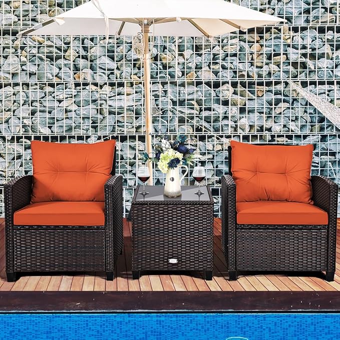 Tangkula 3 Pieces Patio Furniture Set, PE Rattan Wicker 3 Pcs Outdoor Sofa Set w/Washable Cushion and Tempered Glass Tabletop, Conversation Furniture for Garden Poolside Balcony (Orange)