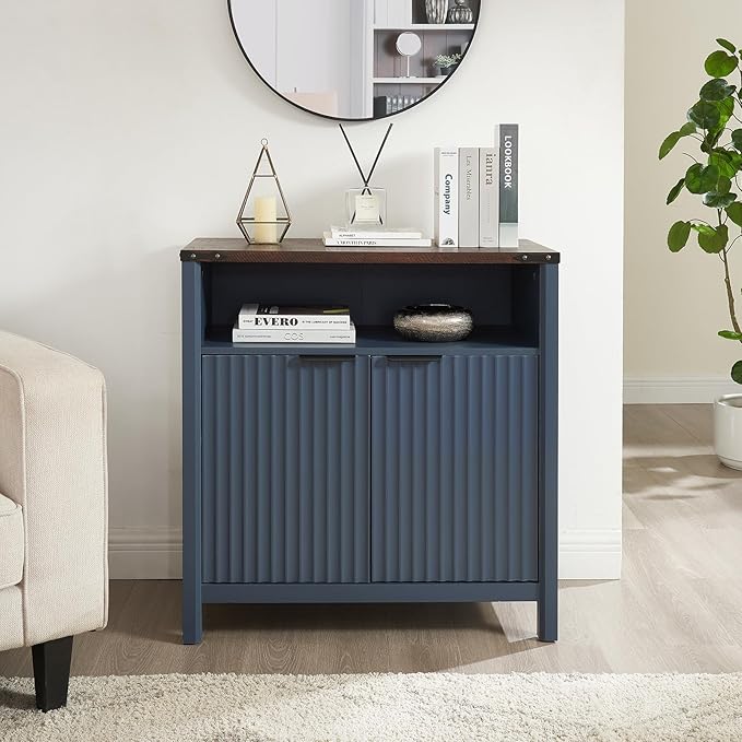 Buffet Cabinet with Storage - Modern Farmhouse Rustic 32 Fluted Sideboard Storage Cabinet Buffet with Adjustable Shelves, Coffee Wine Bar Organizer for Dining Room (Navy Blue)