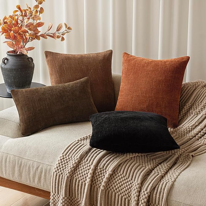 Foindtower Pack of 2 Soft Textured Chenille Throw Decorative Pillow Covers Square Accent Solid Cushion Cover Cozy Neutral Farmhouse Pillow Case for Couch Sofa Bedroom Living Room 16x16 Inch,Orange