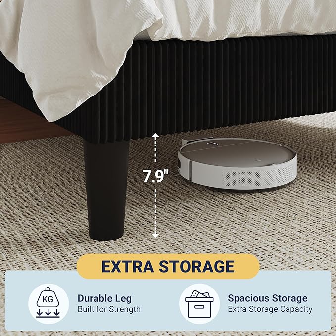 Allewie Full Size Upholstered Bed Frame with Vertical Channel Tufted Headboard, Soft Corduroy Fabric Platform Bed, Strong Wooden Slats Support, Easy Assembly, No Box Spring Needed, Black