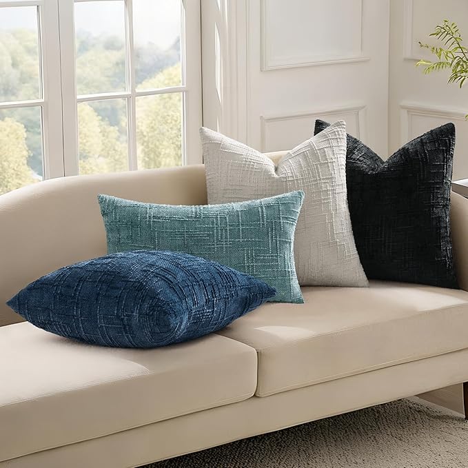 decorUhome Teal Chenille Throw Pillow Covers 18x18 Set of 2 Thick Textured Slubby Couch Pillow Covers Farmhouse Accent Modern Neutral Decorative Pillow Cases for Bed Sofa Living Room