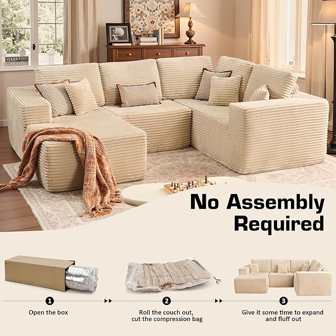 Weaxty Cloud Sectional Couch for Living Room, Oversized U Shaped Boneless Couches with Chaise, Plush Corduroy Memory Foam Deep Seat Floor Sofa, No Assembly Required，Beige