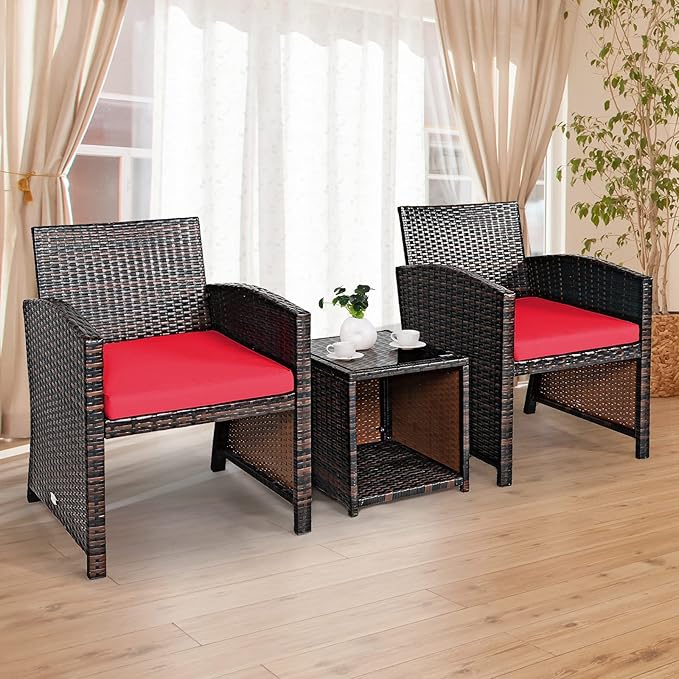 COSTWAY 3 Pieces Patio Furniture Sets, Outdoor Rattan Conversation Set with Tempered Glass Tabletop and Soft Cushion, Wicker Cushioned Chair Sofa for Backyard, Porch, Poolside, Lawn, Red