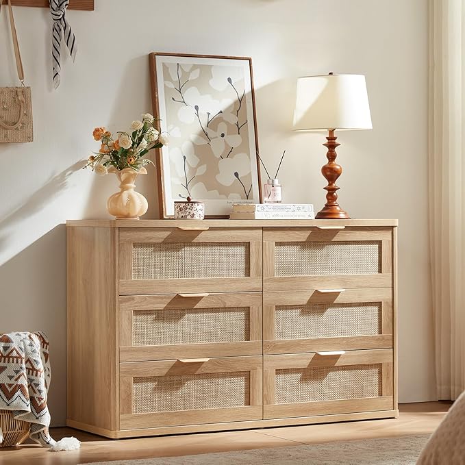 LEYAOYAO Rattan 6 Drawer Dresser for Bedroom, Boho 48" Wide Natural Wood Dresser Chest of Drawers, Dressers TV Stand with Metal Handle, Storage Dressers Closet Organizer for Living Room, Hallway