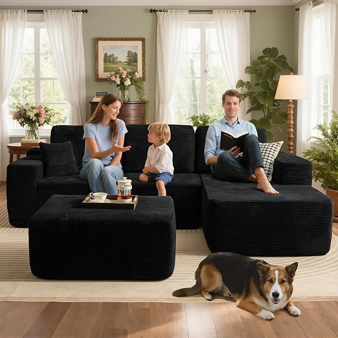 106" Cloud Sectional Couch with L-Shape Chaise & Ottoman, No Assembly Modular Sofa, Deep Seat Corduroy Boneless Couched for Living Room (Black Stripe Corduroy, Right Facing Chaise with Ottoman)