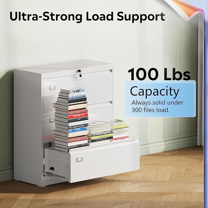 DEVAISE 3 Drawer Lateral File Cabinet with Lock, Metal Filing Cabinets for Home Office, 16" D x 35" W x 40.5" H Wide Storage Organization for Hanging Files Letter/A4/Legal/F4 Size, White