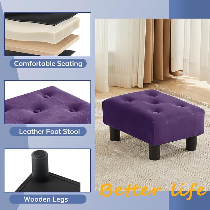 Small Foot Stool Ottoman, Velvet Footstool Ottoman Foot Rest for Couch, Rectangle Footstools and Ottomans Small for Living Room, Entryway and Bedroom (Purple)