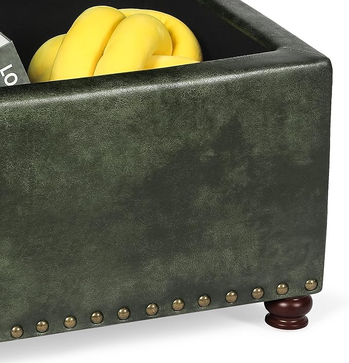 24'' Leather Ottoman with Storage Rectangle Foot Rest Ottomans Stool for Living Room(Green,Leather Texture)