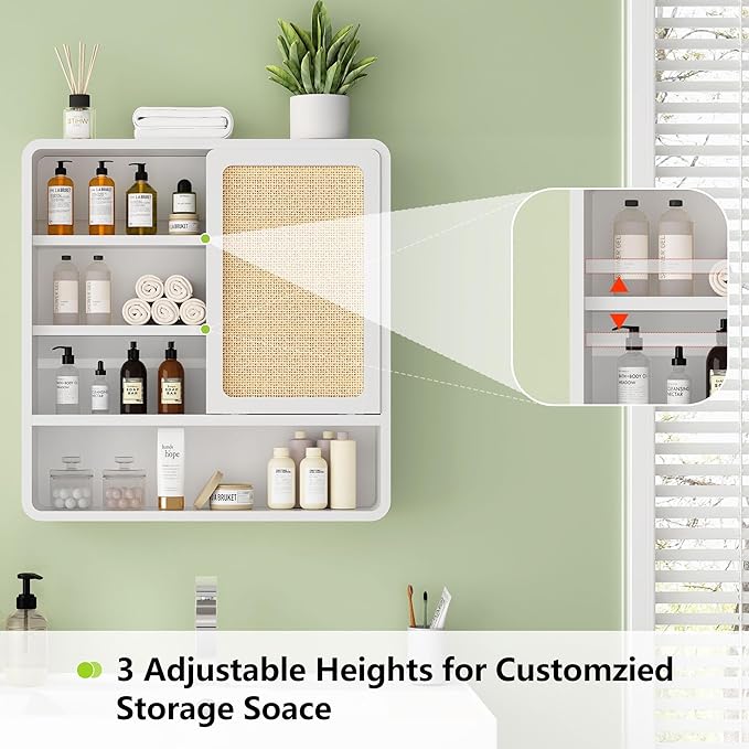 Wall Bathroom Cabinet with Flax Sliding Door, Wood Medicine Cabinet with Adjustable Shelf, Hanging Cabinet for Bathroom, Livingroom (White-1)