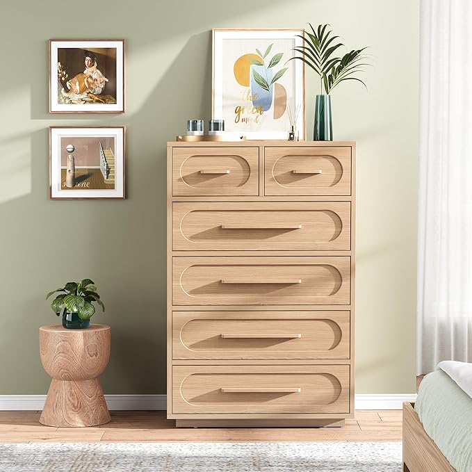 6 Drawer Dresser for Bedroom, 44" Tall Dressers & Chest of Drawers w/Solid Wood Handle, Wood Mid Century Closet Organizers and Storage Cabinet for Bedroom, Living Room, Hallway, Natural Oak