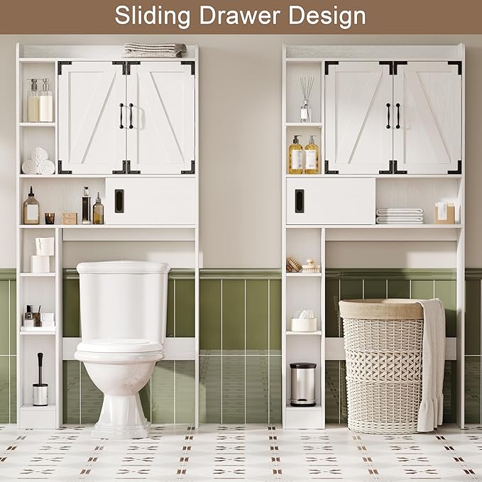 ChooChoo Over The Toilet Storage Cabinet, Farmhouse Bathroom Storage Cabinet with Sliding Door, Over Toilet Storage with Adjustable Shelves, Space-Saving, White