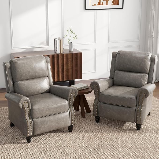 UIXE PU Leather Pushback Recliner Chairs Set of 2, Overstuffed Armchair Push Back Accent Chair for Living Room, Rivet Trim Club Chair Home Theater Single Sofa Bedroom Side Reading Seat - Gray
