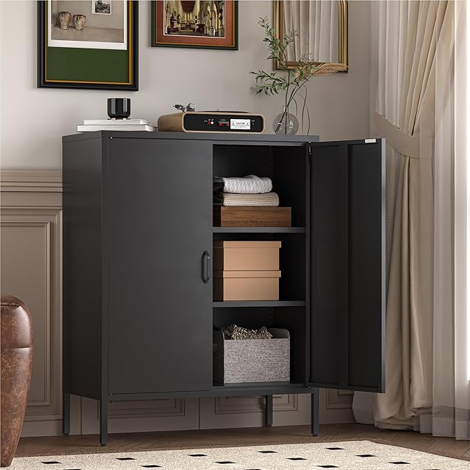 Metal Locker Storage Cabinet with 2 Doors and 4 Shelves，39.96" Tall Steel Office Cabinet,Bathroom Floor Locker，for Office,Home,Garage,Gym,School (Black)