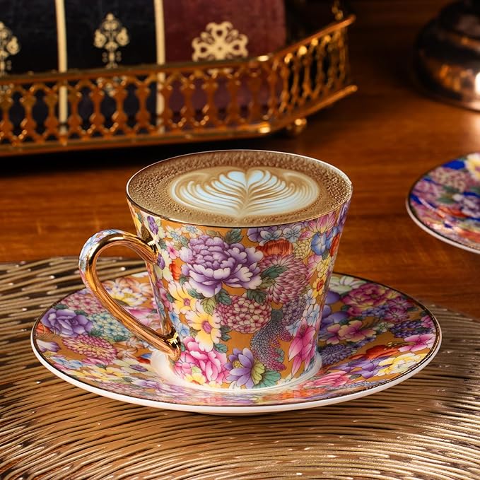 KAMMAK Tea Cups and Saucers Set of 2, Porcelain Coffee Cup with Saucer for Espresso, Cappuccino, 7.5oz Vintage Yellow Floral Ceramic Demitasse Mug for Home, Tea Party, Office