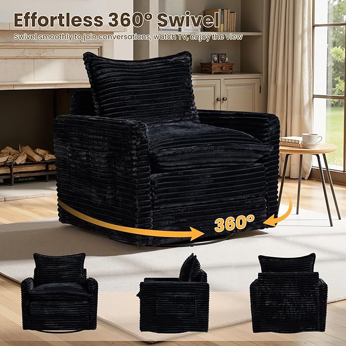 98" Modular Sectional Sofa with Swivel Chairs, Modern Cloud Couch Plush Corduroy 3 Seater Deep Seat Sofas Set & Accent Armchair Set of 2 for Living Room, Black