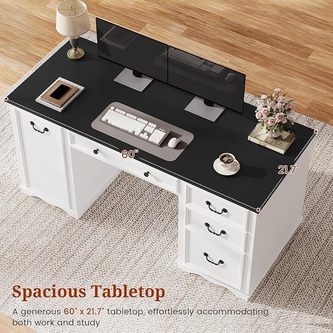 60'' Farmhouse Executive Desk with Drawers, Home Office Desk with Power Outlet & Keyboard Tray, Wood Computer Desk with File Drawer & Slide-Out Storage Shelves, Writing Desk for Work, White