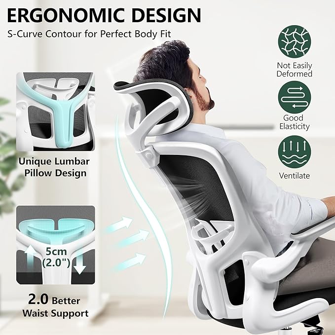 FelixKing Office Chair with Headrest, Home Office Desk Chairs with Flip-Up Armrests, Adjustable Height Ergonomic Office Chair Lumbar Support, Mesh Backrest Computer Chair (White)