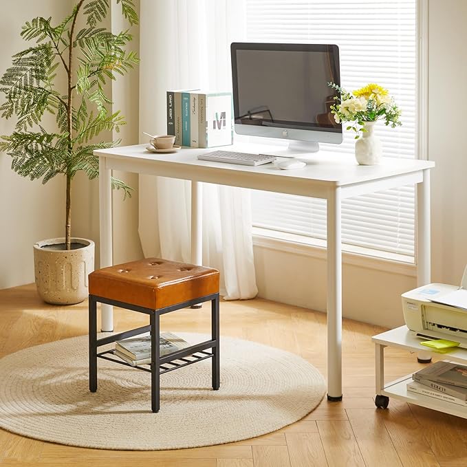 IBUYKE Square Makeup Stool with Adjustable Feet and Storage Space, Footrest Chair, PU Vanity Seat, Multi-Use as Small Side Table or Ottoman, for Bedroom, Light Brown LG-60J