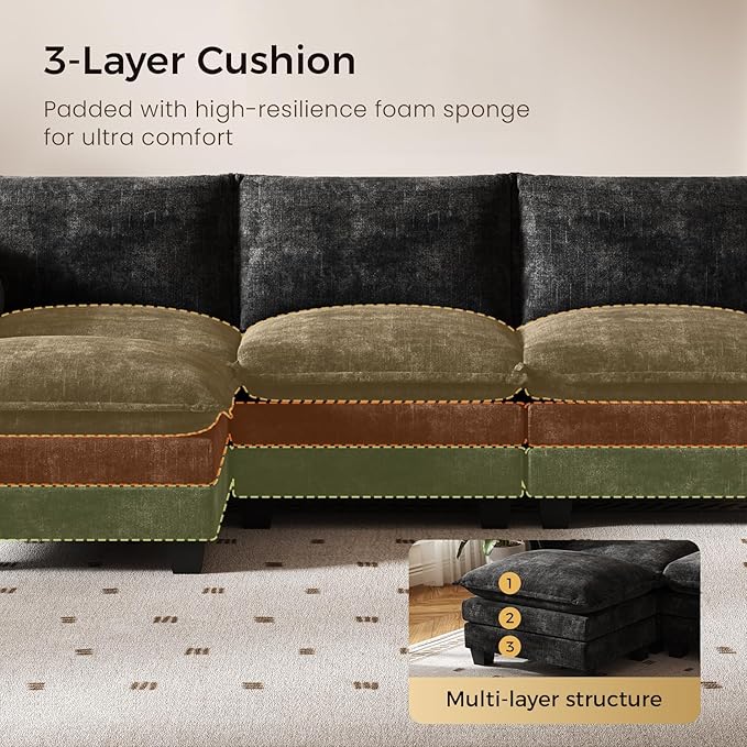 KKL 120" Modular Sectional Sofa, Large V Shape 7 Seater Convertible J/L/U-Shaped Modern Sectional Couch with Ottoman, Chenille Sectional Couches for Living Room, Apartment, Black