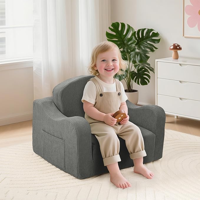 Comfy Toddler Chair for Kids, 2-in-1 Toddler Soft Plush Couch Fold Out, Convertible Kids Couch to Lounger, Baby Sofa for Boys and Girls,Grey
