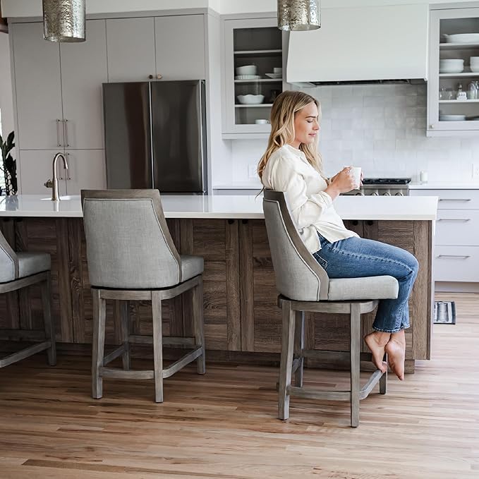 Maven Lane Vienna Counter Stool 26 Inches High – Swivel Stool with Footrest – Grey Solid Wood and Grey Fabric Upholstery – Perfect for Kitchen Islands and Counters