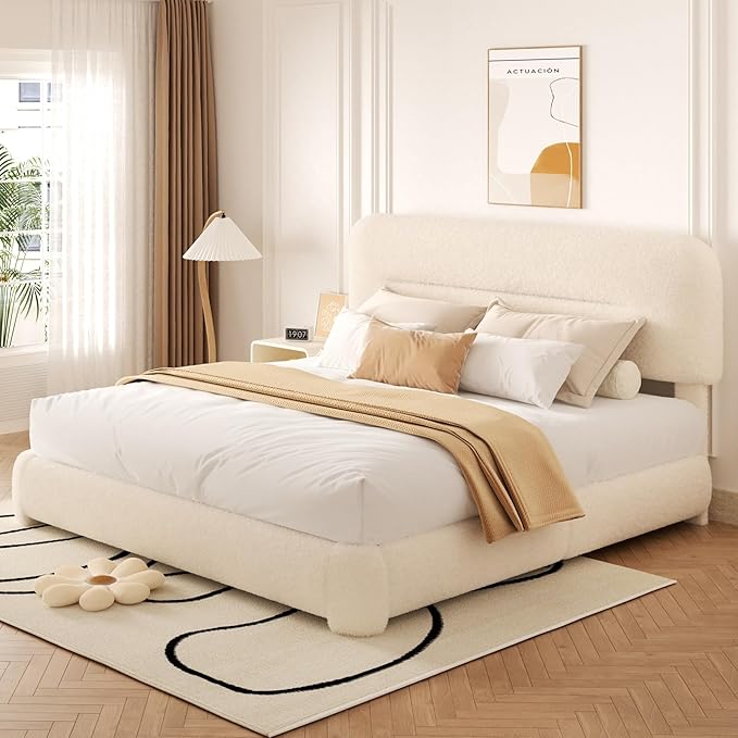 King Size Cloud Bed Frame, Upholstered Boucle Platform Bed with Adjustable Headboard, Anti-Collision Soft Rounded Corners, Noise Free, Easy Assembly, Cream