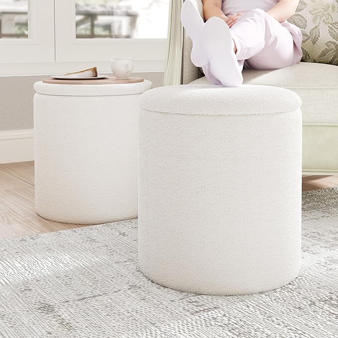 Ottoman Poufs with Storage, Set of 2 Soft Upholstered Vanity Stool,Multifunctional Ottomans Coffee Table Padded Seat Foot Rest for Living（White, Pack of 2）