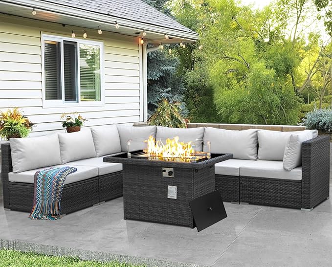 NICESOUL High-End Outdoor Patio Furniture Set with Natural Gas/Propane Firepits, 7 Piece Large Wicker Sectional Couches with Fire Table, 29.3'' High Back Deep Seating Comfy Conversation Sofas, Gray