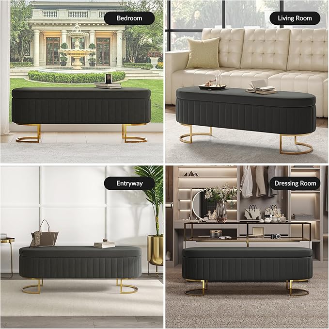 EcoHarbor Living 55.5" Storage Bench Ottoman End of Bed Bench Bedroom Bench, Upholstered Velvet Long Window Bench Large King Size with Gold Legs, Flipping Lid Entryway Footrest (Grey)