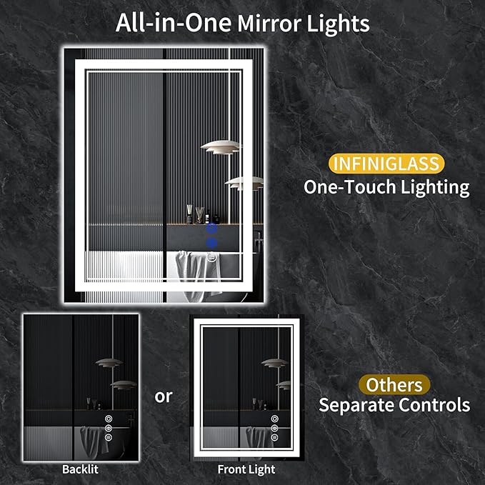 36"x30" LED Bathroom Mirror with Anti-Fog, Stepless Dimmable Lights, 3 Color Modes, Shatter-Proof Tempered Glass, Memory Function & Waterproof Design