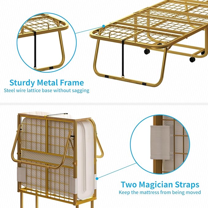 Mjkone Folding Bed with 5" Memory Foam Mattress & Upgraded 75x38 Frame Single Portable Guest Bed, Space-Saving Design, Lockable Wheels for Easy Moving, Quick Assembly & Compact Storage-Gold