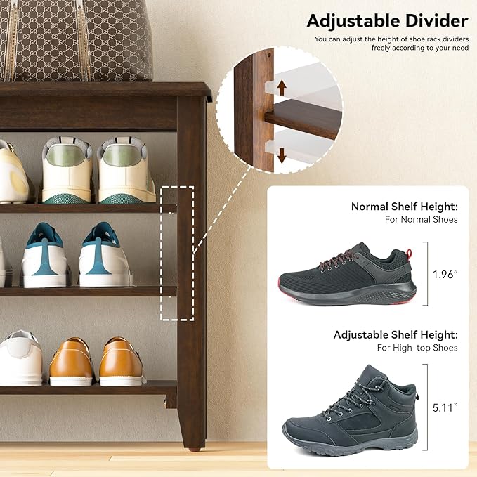 Shoe Bench Storage Rubberwood with Leather Cushion for Entryway Bench Ideal for Hallways Shoe Rack Front Doors Entrances Mudrooms Featuring 3 Height-Adjustable and Removable Shelves
