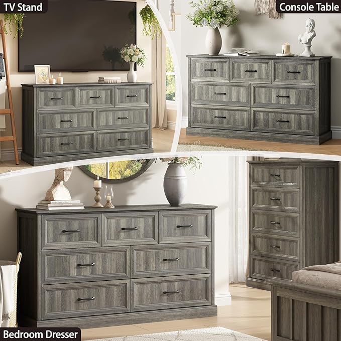 Farmhouse 7 Drawer Dresser for Bedroom, 55 Inch Wide Modern Grey Dresser TV Stand with Large Drawers & Bar Handles, Rustic Wood Chest of Drawers for Bedroom, Living Room